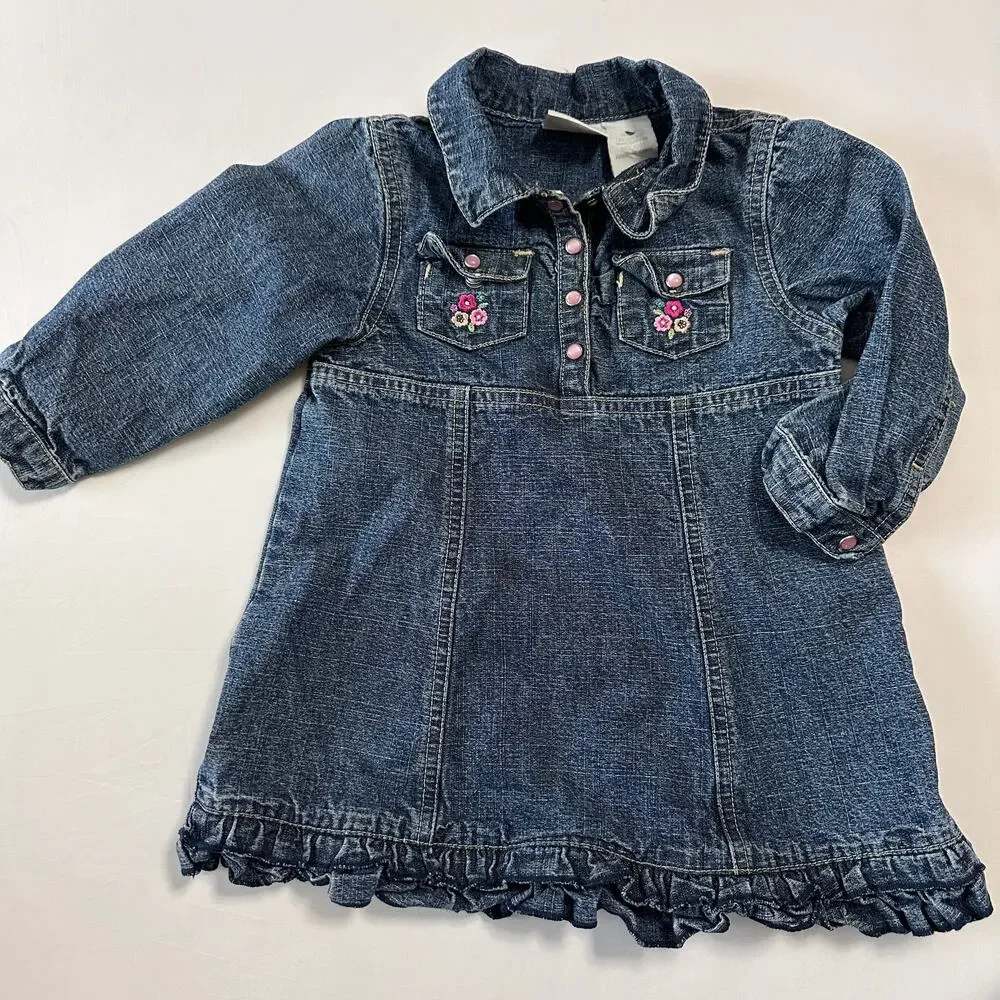 Vintage Cuddle Bear Denim Floral Embroidered Long Sleeve Dress Sz 18 mo